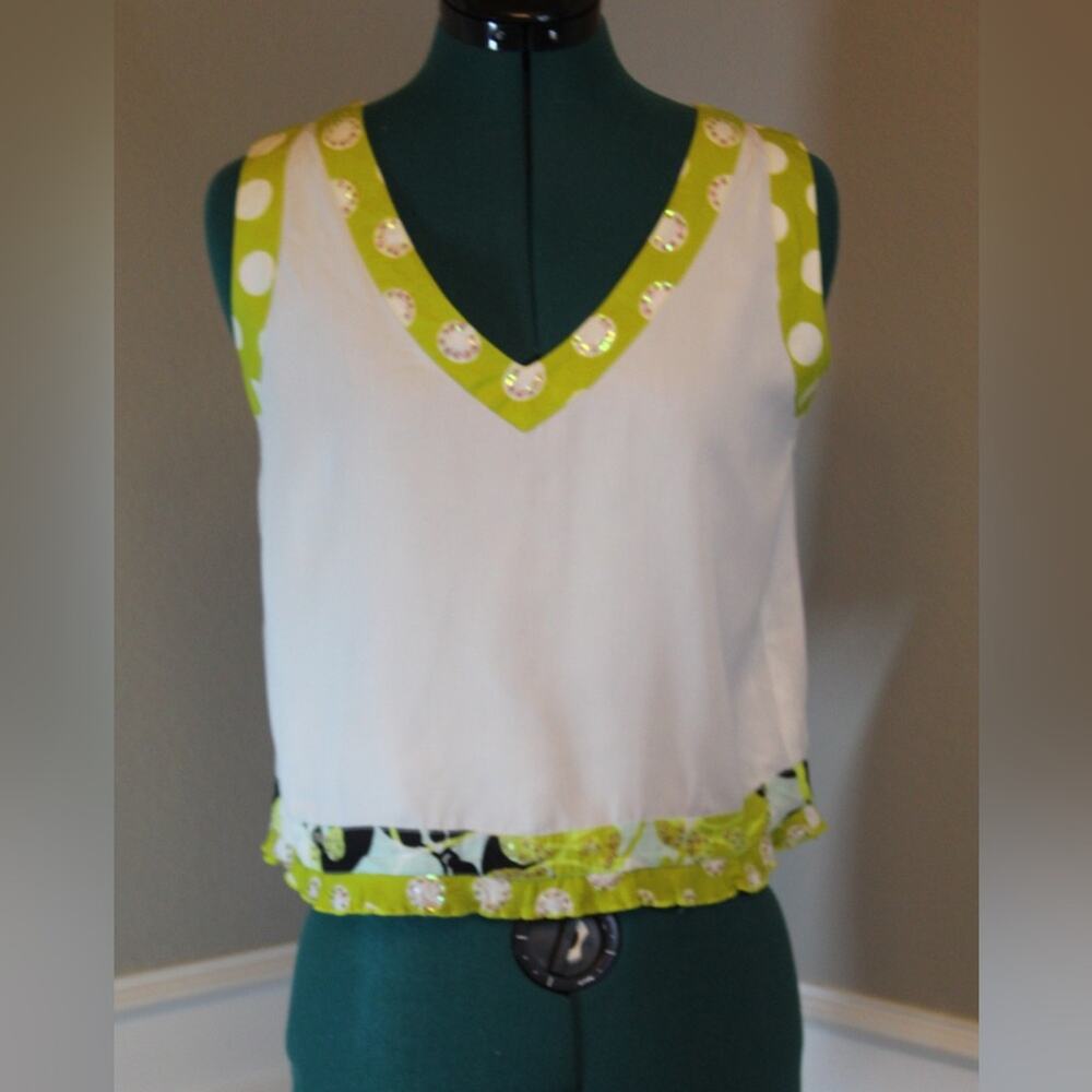 Key Lime Pie Women’s White Lime Polka Dot Sequin Tank Top – Size M